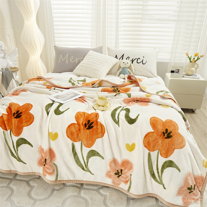 91家纺网 家纺一手货源 找家纺 悦织湾家纺 2025新款仿兔毛绒托斯仿兔毛绒毛毯纯色印花牛奶绒休闲盖毯午睡小毯子 春风里（桔色）