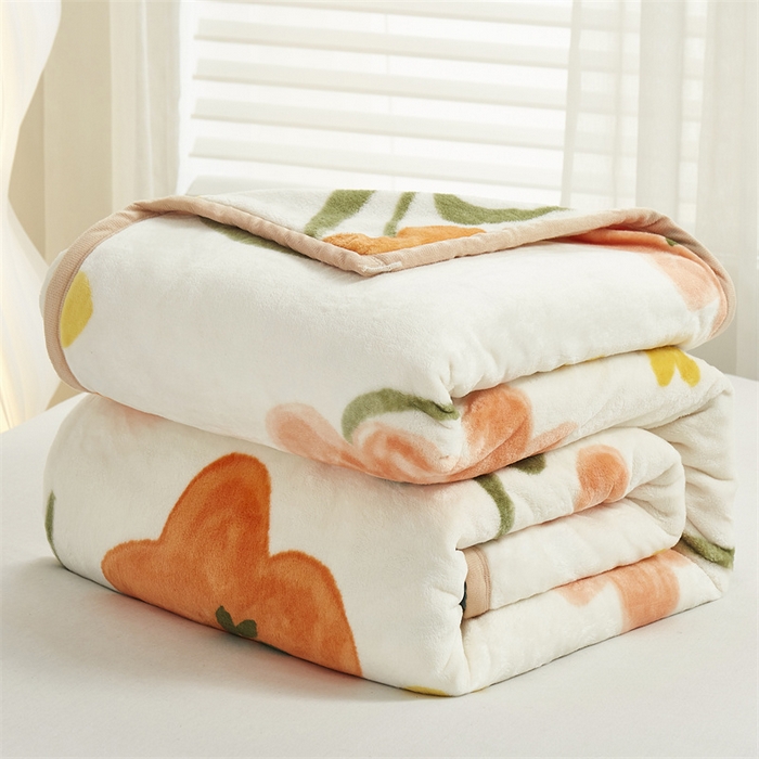 91家纺网 家纺一手货源 找家纺 悦织湾家纺 2025新款仿兔毛绒托斯仿兔毛绒毛毯纯色印花牛奶绒休闲盖毯午睡小毯子 春风里（桔色）