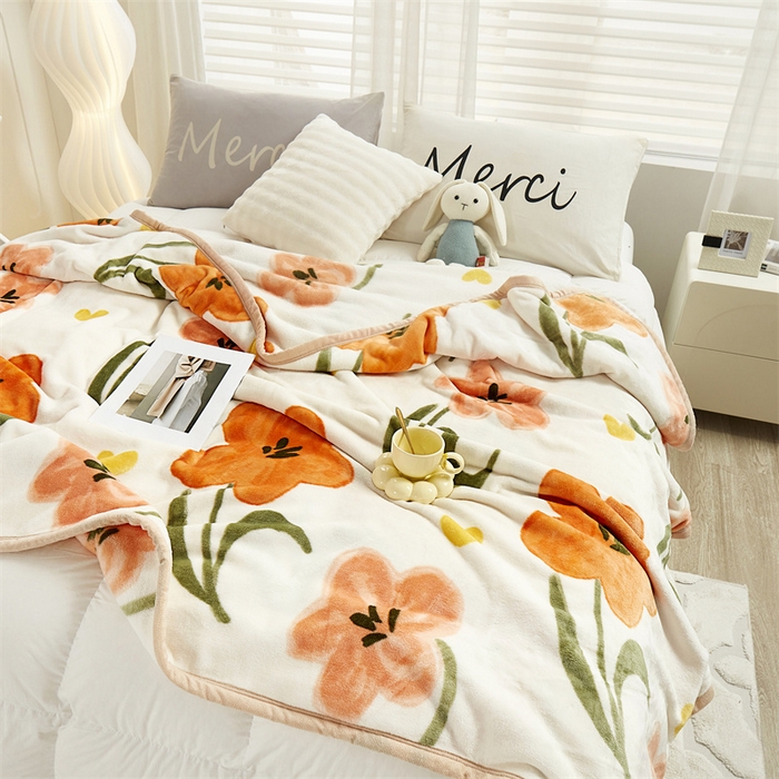 91家纺网 家纺一手货源 找家纺 悦织湾家纺 2025新款仿兔毛绒托斯仿兔毛绒毛毯纯色印花牛奶绒休闲盖毯午睡小毯子 春风里（桔色）