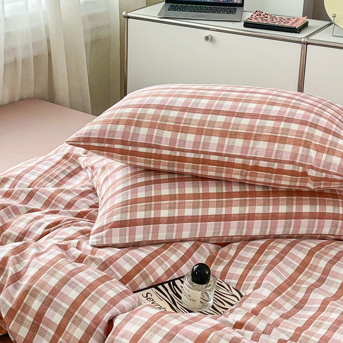 91家纺网 家纺一手货源 找家纺 斯卡诺家纺 2026新款亲肤舒适原麻亚麻皱皱纱四件套水洗棉简麻四件套 格调-粉