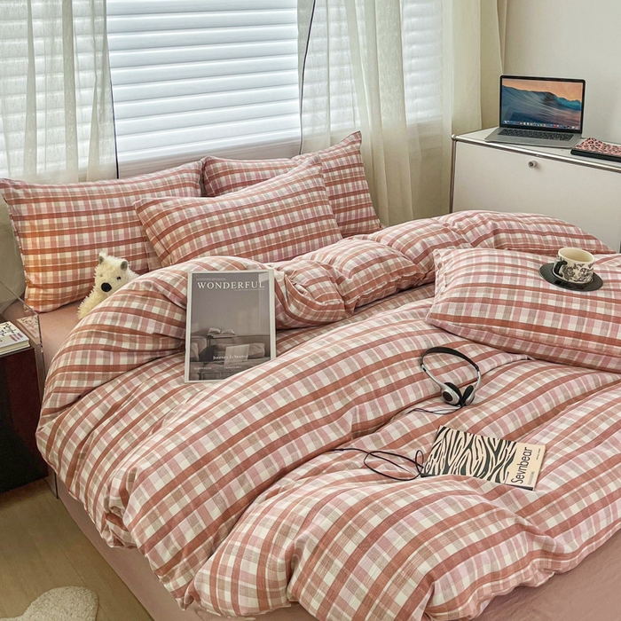 91家纺网 家纺一手货源 找家纺 斯卡诺家纺 2026新款亲肤舒适原麻亚麻皱皱纱四件套水洗棉简麻四件套 格调-粉