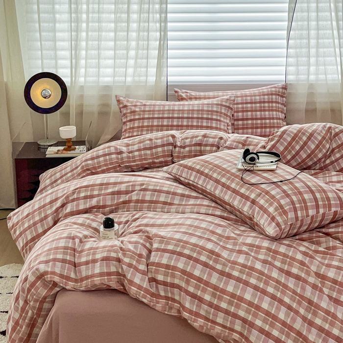 91家纺网 家纺一手货源 找家纺 斯卡诺家纺 2026新款亲肤舒适原麻亚麻皱皱纱四件套水洗棉简麻四件套 格调-粉