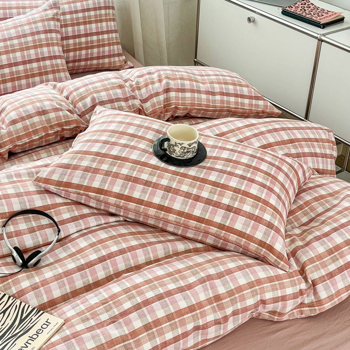 91家纺网 家纺一手货源 找家纺 斯卡诺家纺 2026新款亲肤舒适原麻亚麻皱皱纱四件套水洗棉简麻四件套 格调-粉