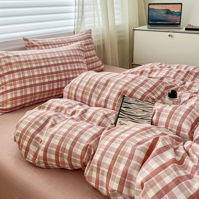 91家纺网 家纺一手货源 找家纺 斯卡诺家纺 2026新款亲肤舒适原麻亚麻皱皱纱四件套水洗棉简麻四件套 格调-粉