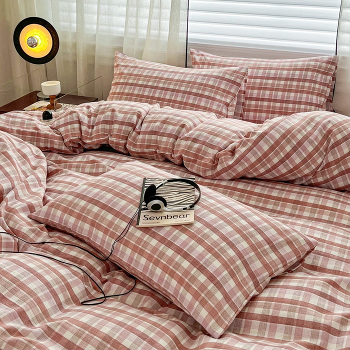 91家纺网 家纺一手货源 找家纺 斯卡诺家纺 2026新款亲肤舒适原麻亚麻皱皱纱四件套水洗棉简麻四件套 格调-粉