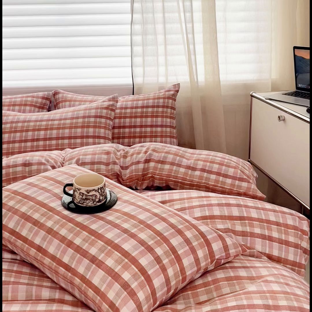 91家纺网 家纺一手货源 找家纺 斯卡诺家纺 2026新款亲肤舒适原麻亚麻皱皱纱四件套水洗棉简麻四件套 格调-粉