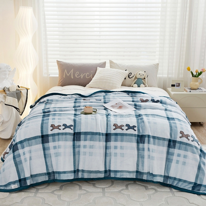 悦织湾家纺 2025新款仿兔毛绒托斯仿兔毛绒毛毯纯色印花牛奶绒休闲盖毯午睡小毯子 莫兰迪小马