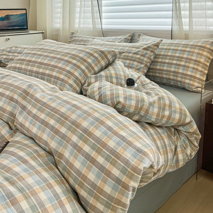 91家纺网 家纺一手货源 找家纺 斯卡诺家纺 2025新款亲肤舒适原麻亚麻水洗棉四件套 格调-蓝