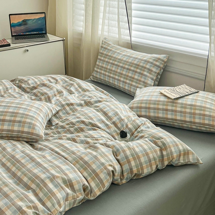 91家纺网 家纺一手货源 找家纺 斯卡诺家纺 2025新款亲肤舒适原麻亚麻水洗棉四件套 格调-蓝