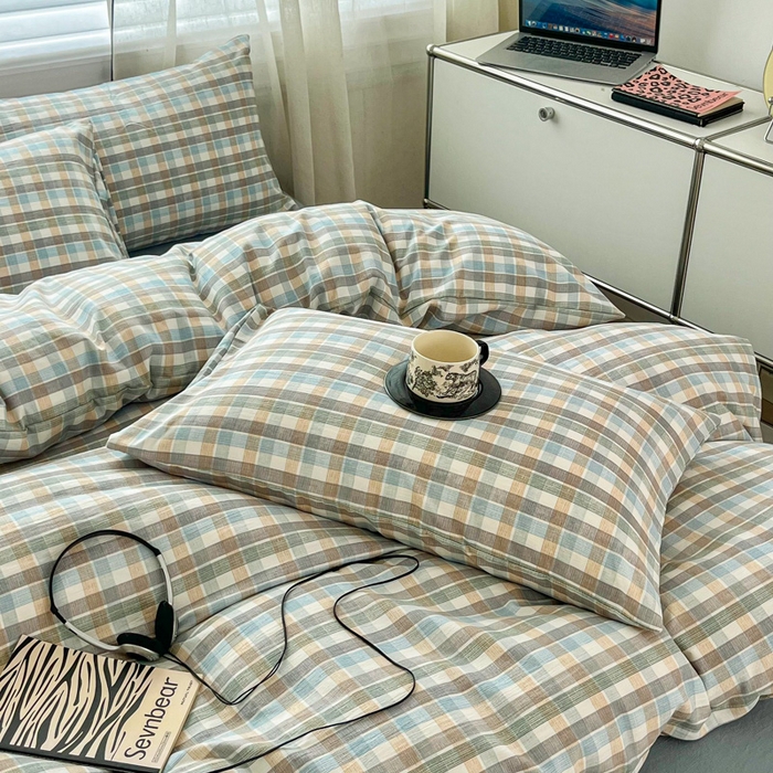 91家纺网 家纺一手货源 找家纺 斯卡诺家纺 2025新款亲肤舒适原麻亚麻水洗棉四件套 格调-蓝