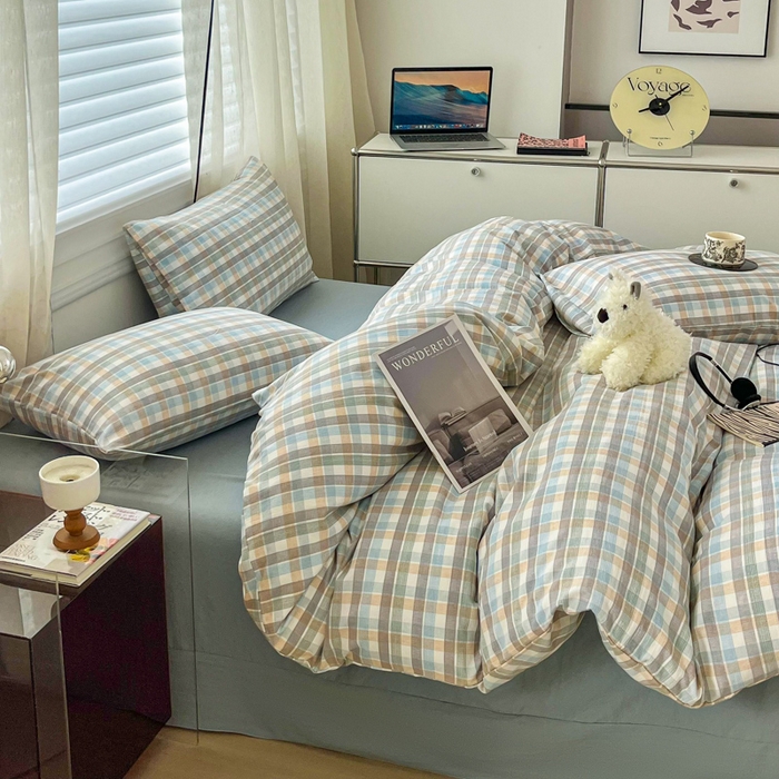 91家纺网 家纺一手货源 找家纺 斯卡诺家纺 2025新款亲肤舒适原麻亚麻水洗棉四件套 格调-蓝