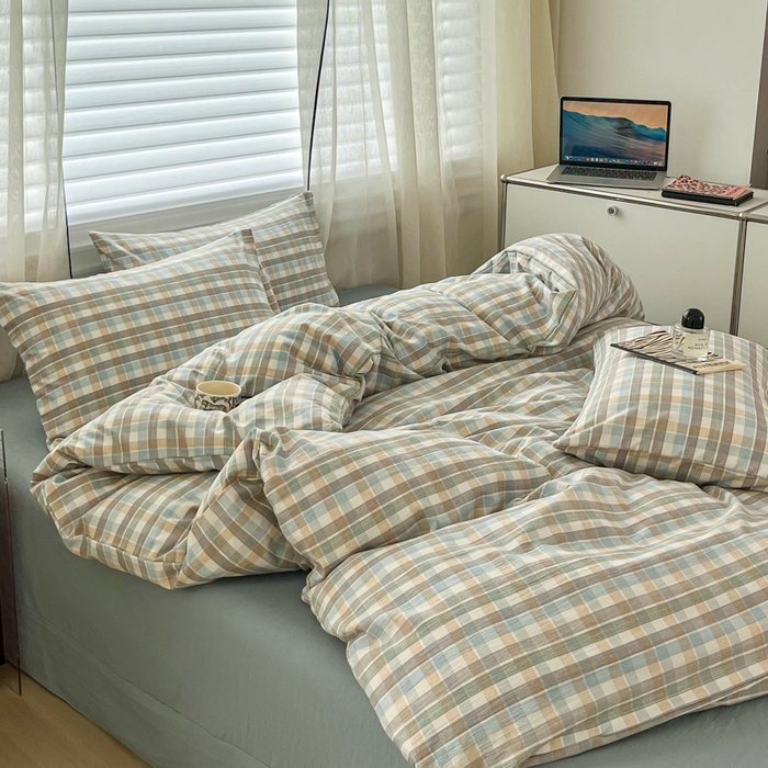 91家纺网 家纺一手货源 找家纺 斯卡诺家纺 2025新款亲肤舒适原麻亚麻水洗棉四件套 格调-蓝