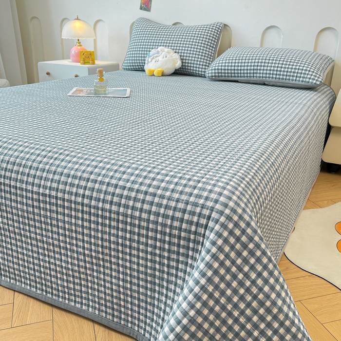 91家纺网 家纺一手货源 找家纺 梵朴 2025新款A类棉加绒一面纯棉一面宝宝婴儿牛奶绒双面可用床盖单品学生床垫炕盖 暖绒蓝小格