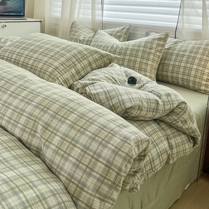 斯卡诺家纺 2026新款亲肤舒适原麻亚麻皱皱纱四件套水洗棉简麻四件套 格调-绿