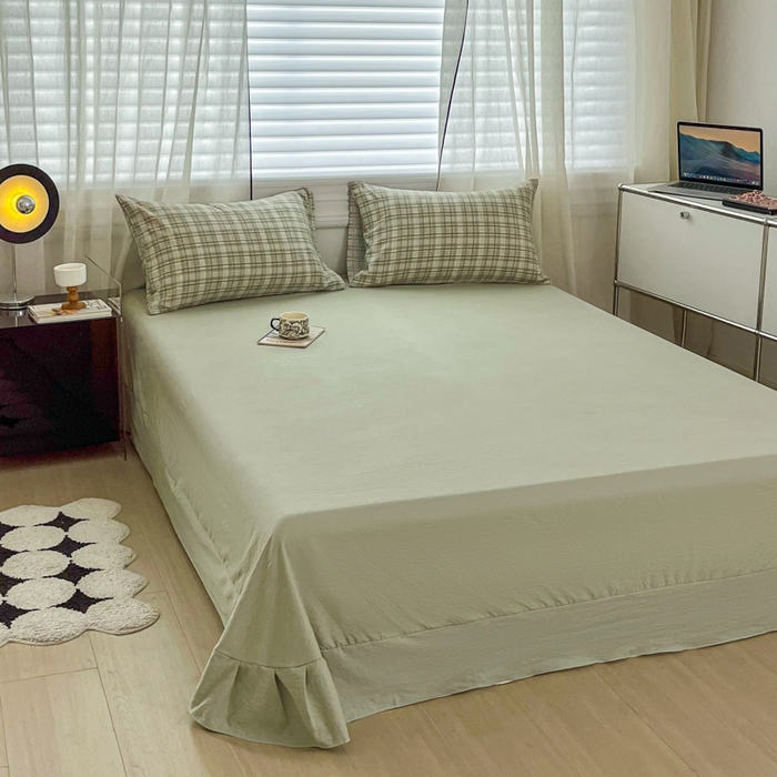 91家纺网 家纺一手货源 找家纺 斯卡诺家纺 2026新款亲肤舒适原麻亚麻皱皱纱四件套水洗棉简麻四件套 格调-绿