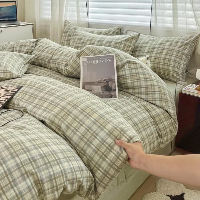 91家纺网 家纺一手货源 找家纺 斯卡诺家纺 2026新款亲肤舒适原麻亚麻皱皱纱四件套水洗棉简麻四件套 格调-绿