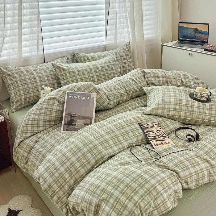 91家纺网 家纺一手货源 找家纺 斯卡诺家纺 2026新款亲肤舒适原麻亚麻皱皱纱四件套水洗棉简麻四件套 格调-绿