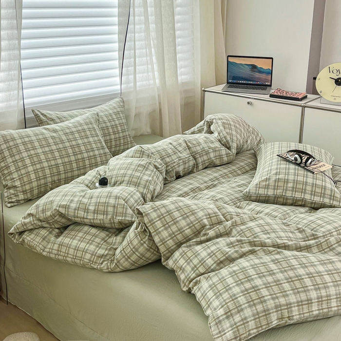 91家纺网 家纺一手货源 找家纺 斯卡诺家纺 2026新款亲肤舒适原麻亚麻皱皱纱四件套水洗棉简麻四件套 格调-绿