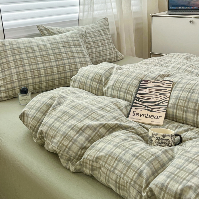 91家纺网 家纺一手货源 找家纺 斯卡诺家纺 2026新款亲肤舒适原麻亚麻皱皱纱四件套水洗棉简麻四件套 格调-绿