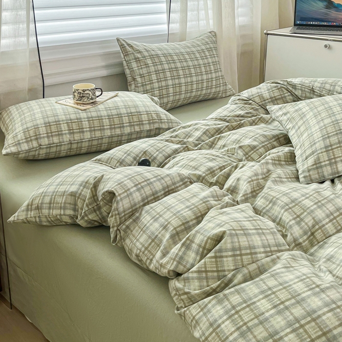 91家纺网 家纺一手货源 找家纺 斯卡诺家纺 2026新款亲肤舒适原麻亚麻皱皱纱四件套水洗棉简麻四件套 格调-绿