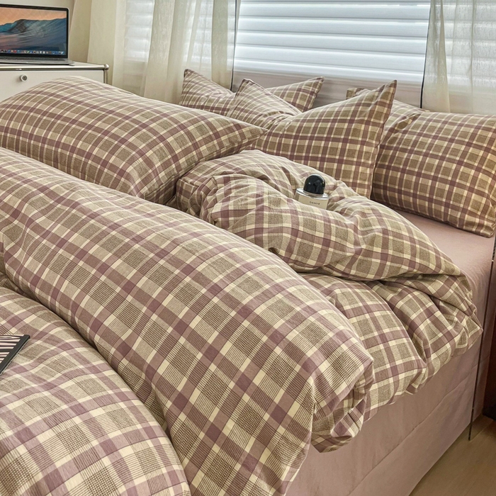 斯卡诺家纺 2026新款亲肤舒适原麻亚麻皱皱纱四件套水洗棉简麻四件套 格调-紫