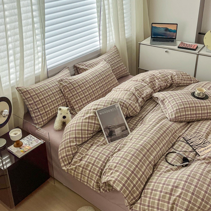 91家纺网 家纺一手货源 找家纺 斯卡诺家纺 2026新款亲肤舒适原麻亚麻皱皱纱四件套水洗棉简麻四件套 格调-紫