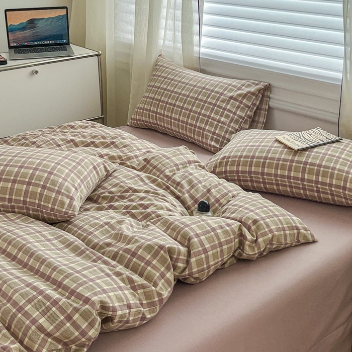 91家纺网 家纺一手货源 找家纺 斯卡诺家纺 2026新款亲肤舒适原麻亚麻皱皱纱四件套水洗棉简麻四件套 格调-紫