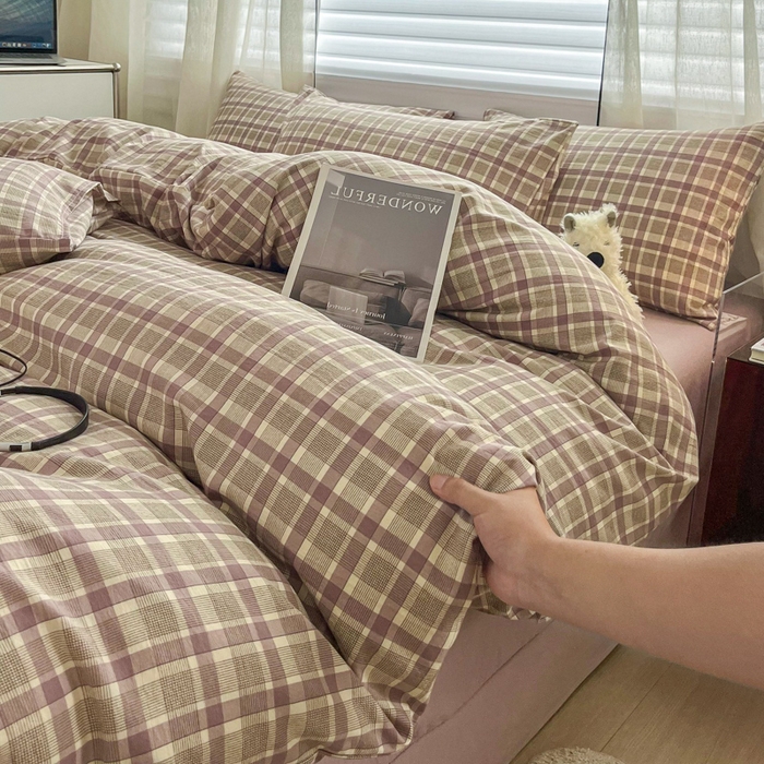 91家纺网 家纺一手货源 找家纺 斯卡诺家纺 2026新款亲肤舒适原麻亚麻皱皱纱四件套水洗棉简麻四件套 格调-紫