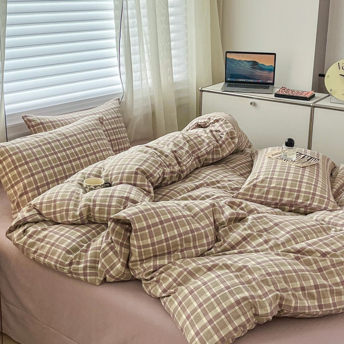 91家纺网 家纺一手货源 找家纺 斯卡诺家纺 2026新款亲肤舒适原麻亚麻皱皱纱四件套水洗棉简麻四件套 格调-紫