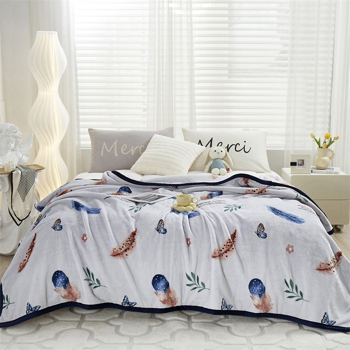 悦织湾家纺 2025新款仿兔毛绒托斯仿兔毛绒毛毯纯色印花牛奶绒休闲盖毯午睡小毯子 轻舞飞扬白