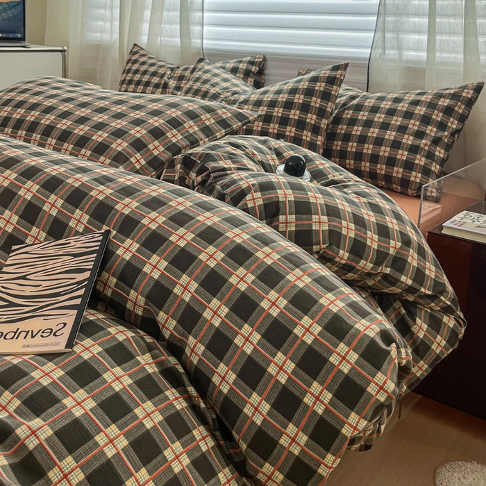 斯卡诺家纺 2026新款亲肤舒适原麻亚麻皱皱纱四件套水洗棉简麻四件套 黑白格调