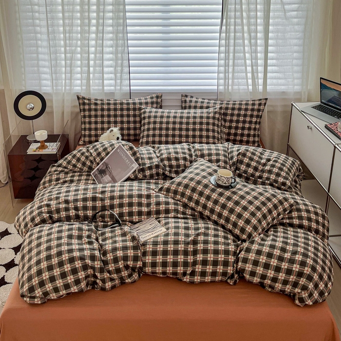 91家纺网 家纺一手货源 找家纺 斯卡诺家纺 2026新款亲肤舒适原麻亚麻皱皱纱四件套水洗棉简麻四件套 黑白格调