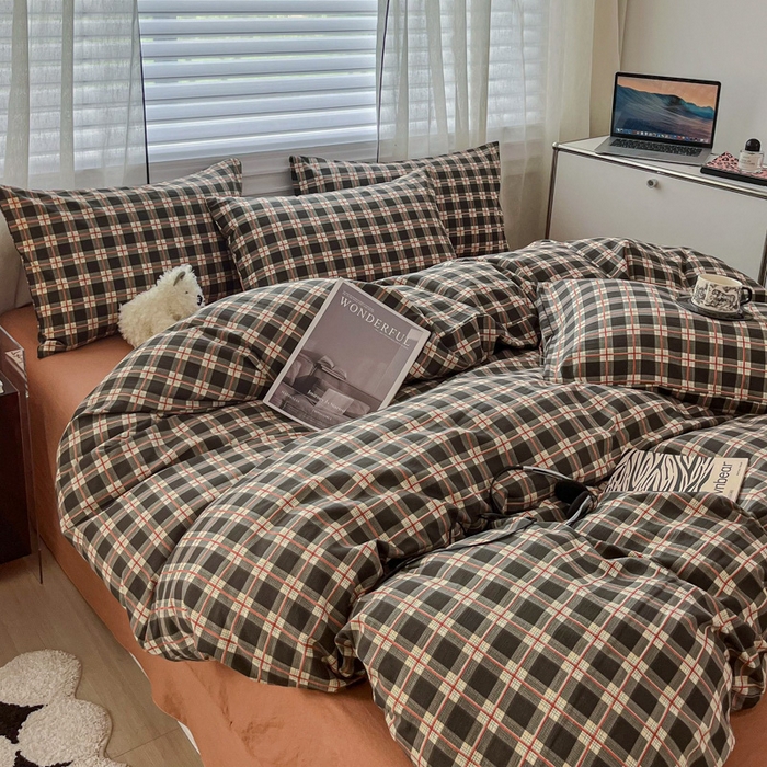 91家纺网 家纺一手货源 找家纺 斯卡诺家纺 2026新款亲肤舒适原麻亚麻皱皱纱四件套水洗棉简麻四件套 黑白格调