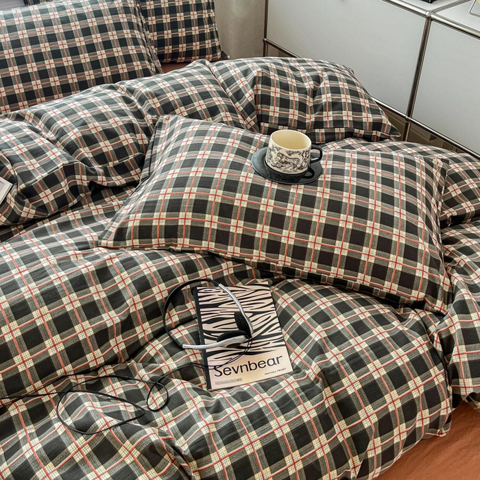 91家纺网 家纺一手货源 找家纺 斯卡诺家纺 2026新款亲肤舒适原麻亚麻皱皱纱四件套水洗棉简麻四件套 黑白格调