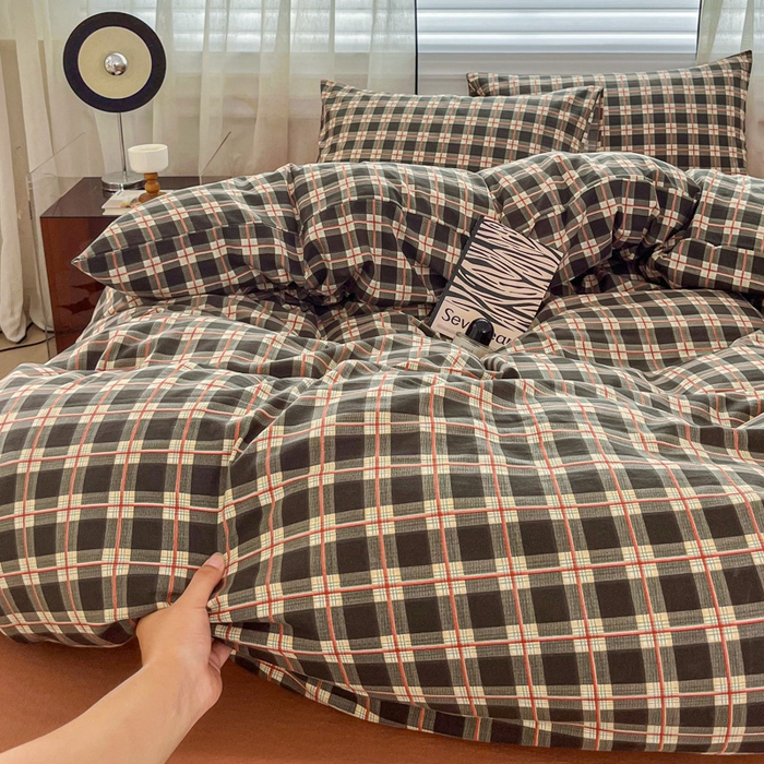 91家纺网 家纺一手货源 找家纺 斯卡诺家纺 2026新款亲肤舒适原麻亚麻皱皱纱四件套水洗棉简麻四件套 黑白格调