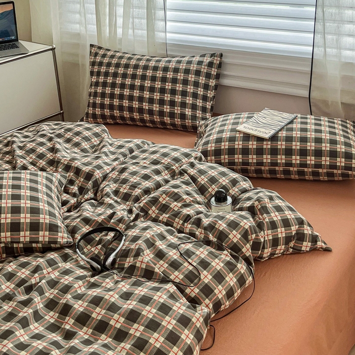 91家纺网 家纺一手货源 找家纺 斯卡诺家纺 2026新款亲肤舒适原麻亚麻皱皱纱四件套水洗棉简麻四件套 黑白格调