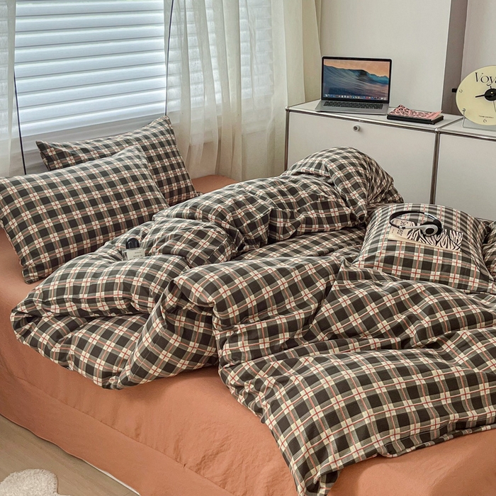 91家纺网 家纺一手货源 找家纺 斯卡诺家纺 2026新款亲肤舒适原麻亚麻皱皱纱四件套水洗棉简麻四件套 黑白格调