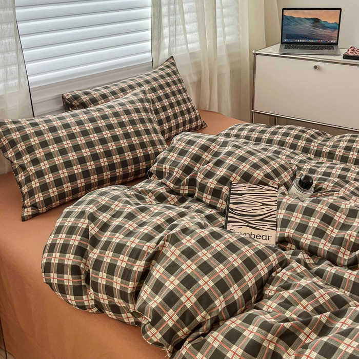 91家纺网 家纺一手货源 找家纺 斯卡诺家纺 2026新款亲肤舒适原麻亚麻皱皱纱四件套水洗棉简麻四件套 黑白格调