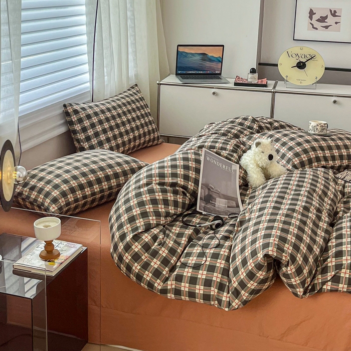 91家纺网 家纺一手货源 找家纺 斯卡诺家纺 2026新款亲肤舒适原麻亚麻皱皱纱四件套水洗棉简麻四件套 黑白格调