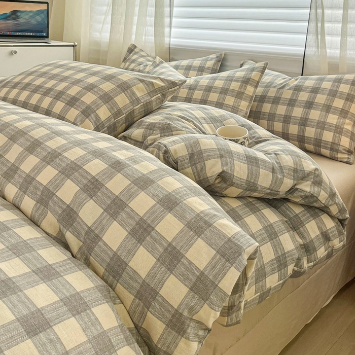 斯卡诺家纺 2026新款亲肤舒适原麻亚麻皱皱纱四件套水洗棉简麻四件套 灰白格子