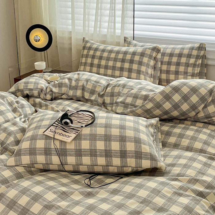 91家纺网 家纺一手货源 找家纺 斯卡诺家纺 2026新款亲肤舒适原麻亚麻皱皱纱四件套水洗棉简麻四件套 灰白格子