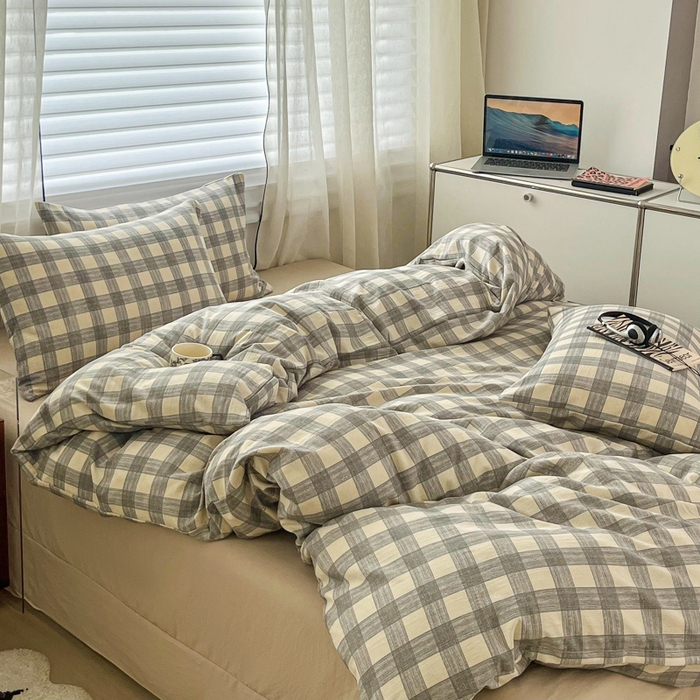 91家纺网 家纺一手货源 找家纺 斯卡诺家纺 2026新款亲肤舒适原麻亚麻皱皱纱四件套水洗棉简麻四件套 灰白格子