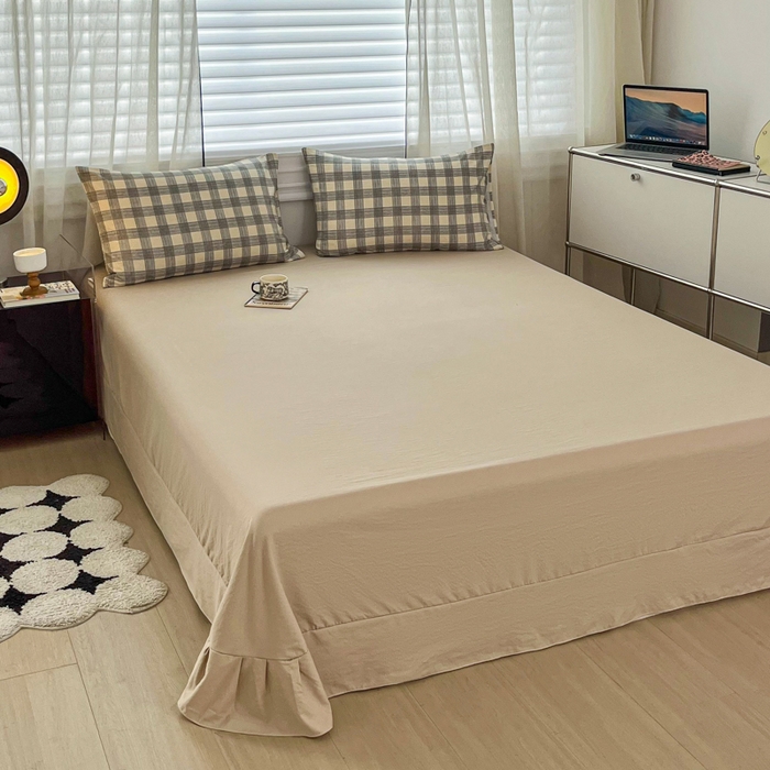 91家纺网 家纺一手货源 找家纺 斯卡诺家纺 2026新款亲肤舒适原麻亚麻皱皱纱四件套水洗棉简麻四件套 灰白格子