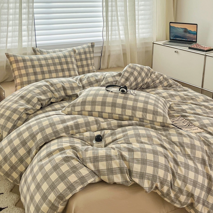 91家纺网 家纺一手货源 找家纺 斯卡诺家纺 2026新款亲肤舒适原麻亚麻皱皱纱四件套水洗棉简麻四件套 灰白格子