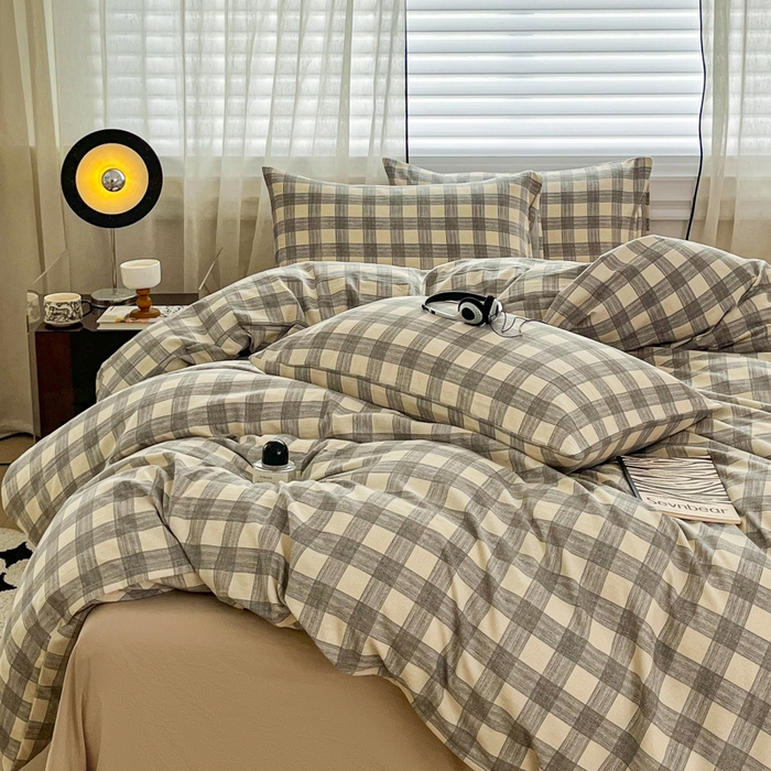 91家纺网 家纺一手货源 找家纺 斯卡诺家纺 2026新款亲肤舒适原麻亚麻皱皱纱四件套水洗棉简麻四件套 灰白格子