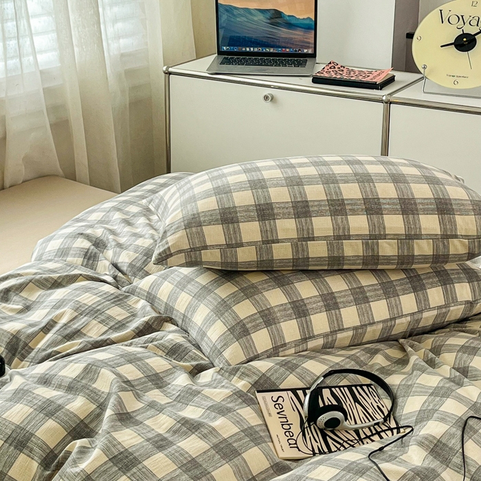 91家纺网 家纺一手货源 找家纺 斯卡诺家纺 2026新款亲肤舒适原麻亚麻皱皱纱四件套水洗棉简麻四件套 灰白格子