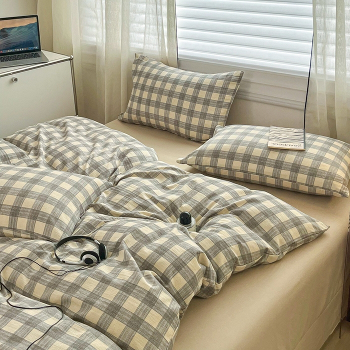 91家纺网 家纺一手货源 找家纺 斯卡诺家纺 2026新款亲肤舒适原麻亚麻皱皱纱四件套水洗棉简麻四件套 灰白格子