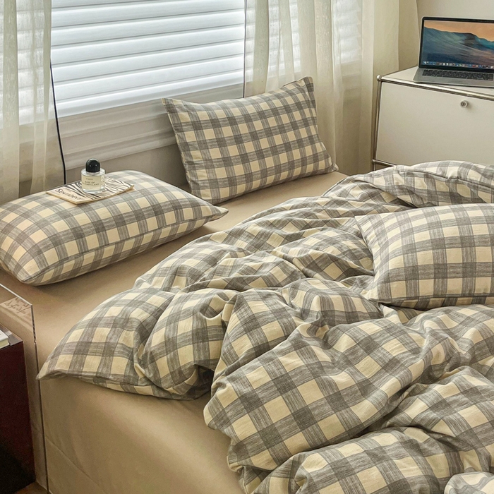 91家纺网 家纺一手货源 找家纺 斯卡诺家纺 2026新款亲肤舒适原麻亚麻皱皱纱四件套水洗棉简麻四件套 灰白格子