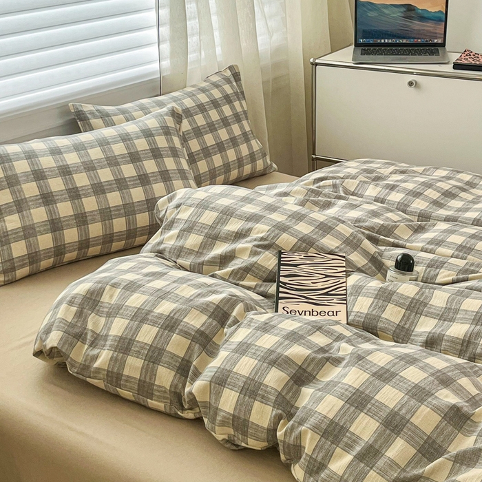 91家纺网 家纺一手货源 找家纺 斯卡诺家纺 2026新款亲肤舒适原麻亚麻皱皱纱四件套水洗棉简麻四件套 灰白格子