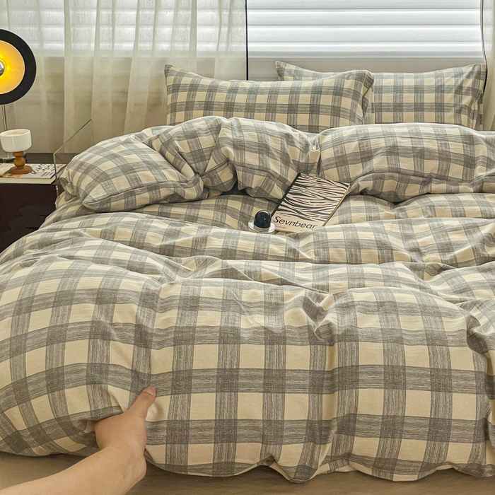 91家纺网 家纺一手货源 找家纺 斯卡诺家纺 2026新款亲肤舒适原麻亚麻皱皱纱四件套水洗棉简麻四件套 灰白格子